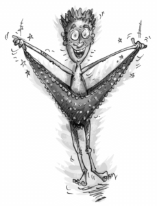 Illustration of a boy wearing his grandmother's frilly undies.