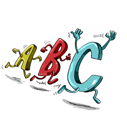 Colorful, playful letters A, B, and C cartoonishly running with arms and legs, illustrated in a whimsical style.