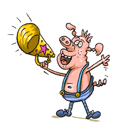 A cartoon pig in suspenders holds a golden megaphone with a pink star, smiling and waving joyfully.