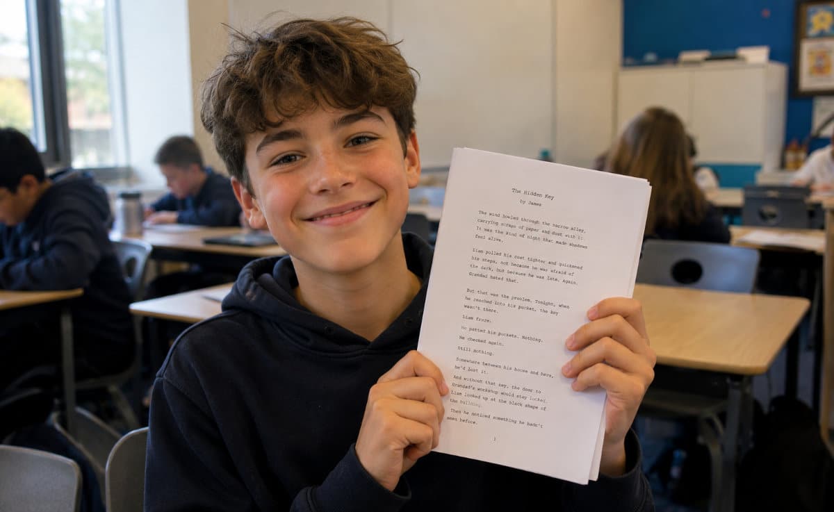 A smiling boy with curly hair holds a printed page titled "The Hidden Boy" in a classroom setting.