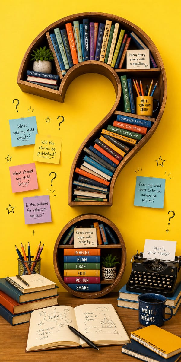 Books arranged in a question mark shape, colorful sticky notes around, and a notebook with sketches on a desk.
