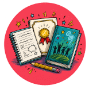 An illustrated circular design featuring a notebook, a book with a medal, and a pencil, all against a vibrant background.