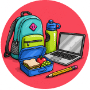 A bright green and blue backpack, a water bottle, a laptop, a lunchbox with a sandwich, fruit, and a pencil.