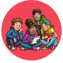 Four diverse children sit together, reading and discussing a book, with colorful clothes and a vibrant red background.