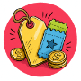 A yellow price tag and a blue ticket with a star, surrounded by gold coins, on a pink background.