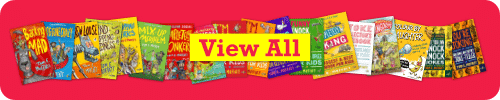 A colorful collection of children's book covers featuring whimsical illustrations and humorous titles on a pink background.