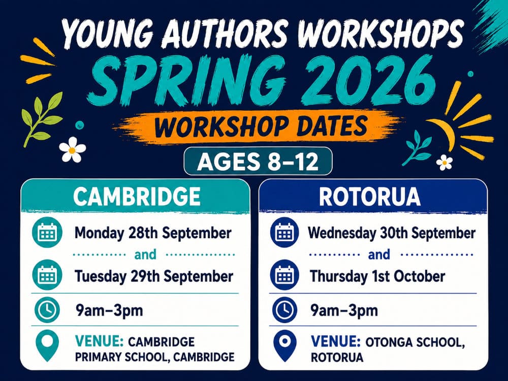 Young Authors Workshops, Spring 2026, for ages 8–12. Cambridge: Monday 28 September and Tuesday 29 September, 9am–3pm, at Cambridge Primary School, Cambridge. Rotorua: Wednesday 30 September and Thursday 1 October, 9am–3pm, at Otonga School, Rotorua.